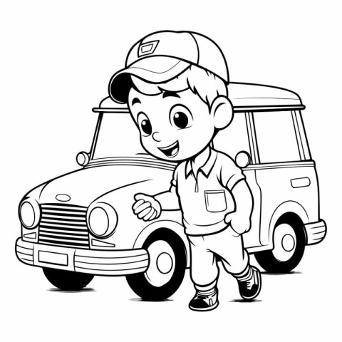 illustration of a boy in a cap with a car on a white background