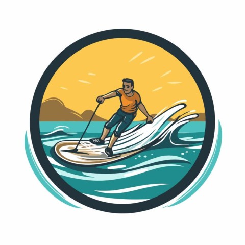 Vector illustration of a man wakeboarding on a surfboard in the