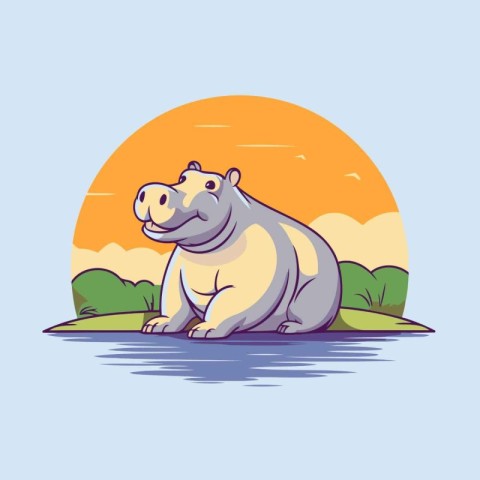 Hippo in the river. Vector illustration in cartoon style.