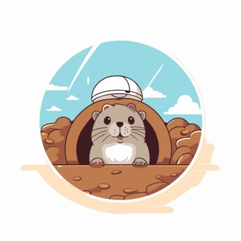 Cute hamster in a hole. Vector illustration in cartoon style.