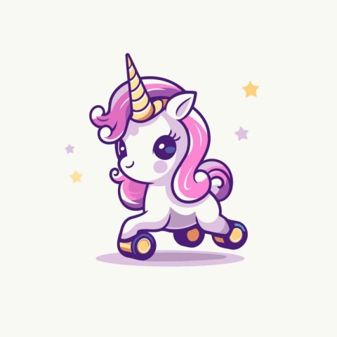 Cute cartoon unicorn on roller skates. Vector illustration isola