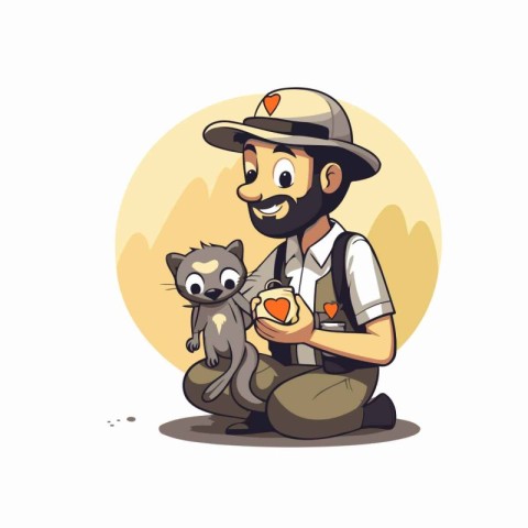 Vector illustration of a cartoon farmer with a dog and a cat.