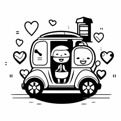 Vector illustration of a romantic couple on a car trip. Black an