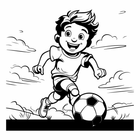 Black and white cartoon illustration of a boy playing soccer wit