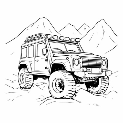 Off-road vehicle in the mountains. Black and white vector illust