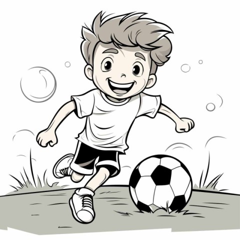 Cartoon Illustration of a Kid Boy Playing Soccer with a Ball