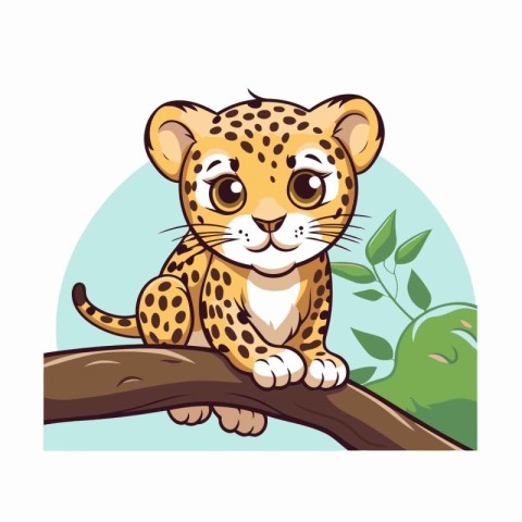 Cute cartoon cheetah sitting on a branch. Vector illustration.