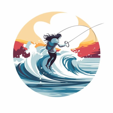 Surfer on the waves. Vector illustration in a flat style.