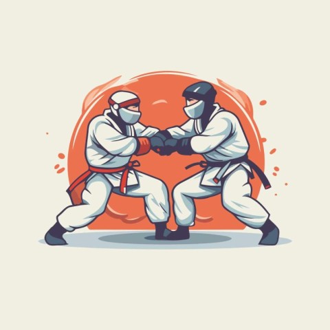 Two karate men fighting vector illustration. Martial arts sport