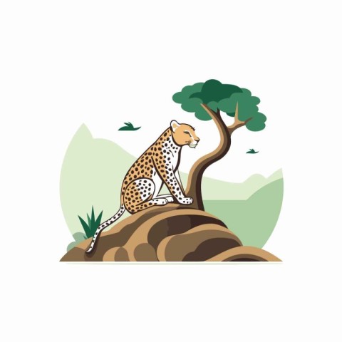 Cheetah sitting on a rock with a tree in the background vector I