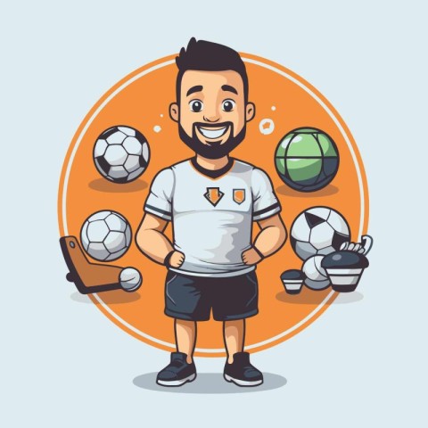 Cartoon soccer player with ball and attributes in circle vector