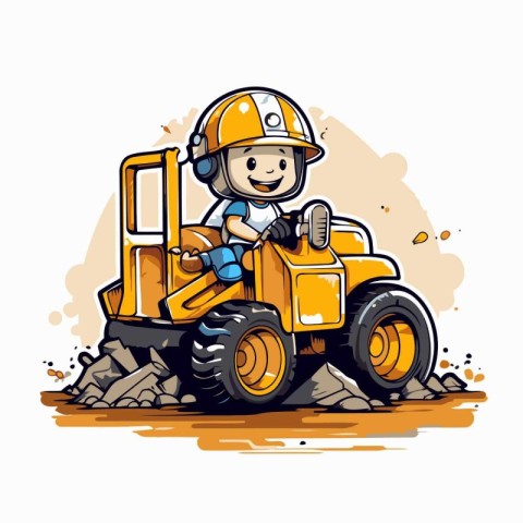 Cartoon little boy in helmet driving excavator. Vector illustrat