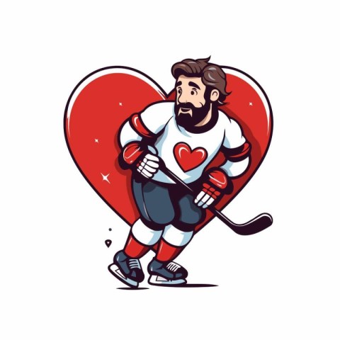 Hockey player with a red heart. Vector illustration in cartoon s