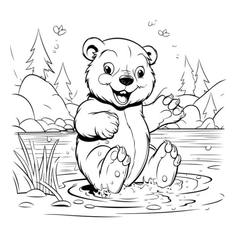 Cute cartoon bear on the river bank. Coloring book for children.