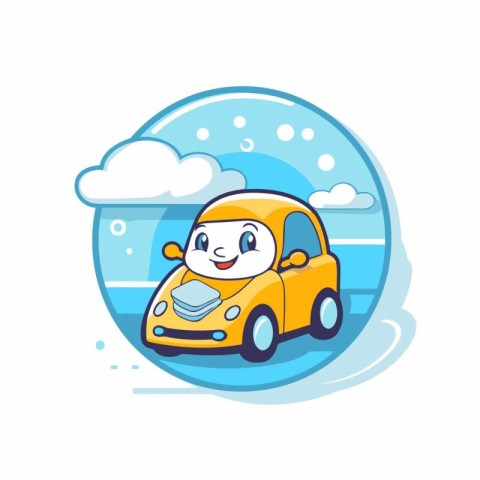 Cute little boy driving a car on the beach. Vector illustration.