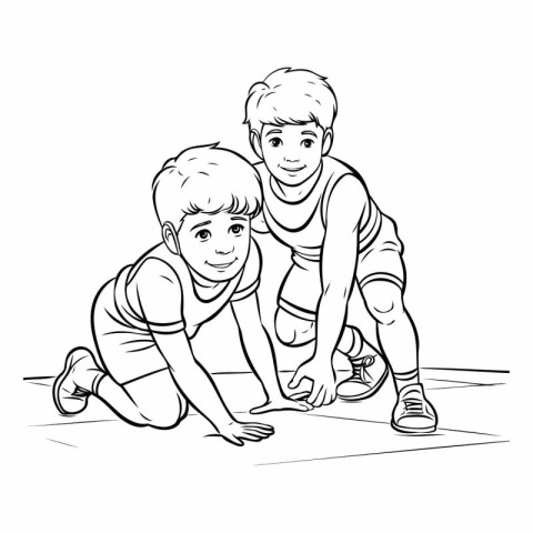 Vector illustration of two boys doing push-ups on the floor.