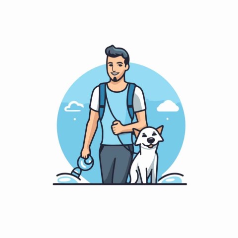 Man with dog on leash. Flat style vector illustration on white b