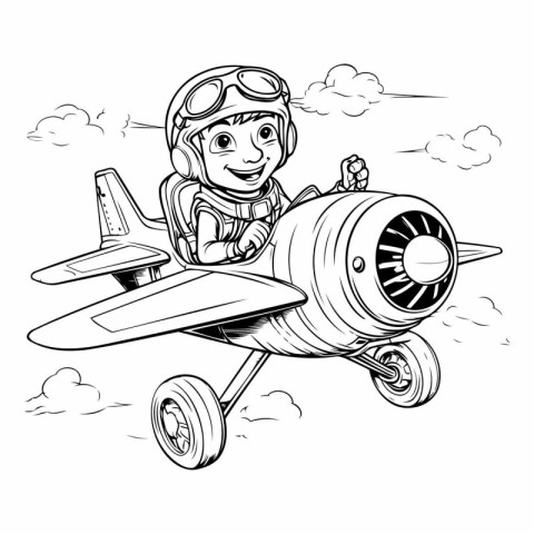 Cartoon illustration of a little boy pilot flying a small airpla