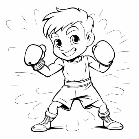 Cartoon boxer boy with boxing gloves. Black and white vector ill