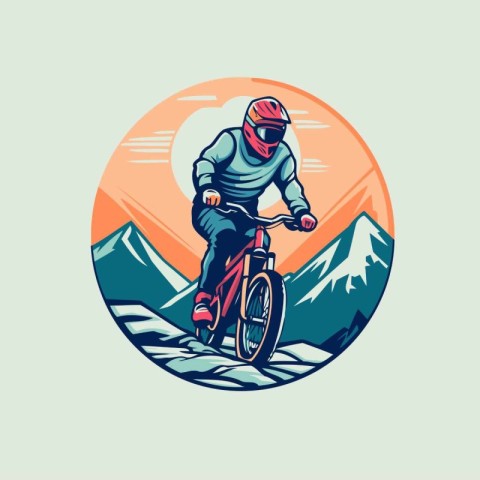 Mountain biker riding on a bicycle in the mountains. Vector illu