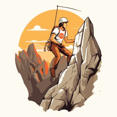 Vector illustration of a man climbing a mountain with a rope and