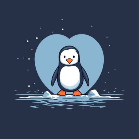 Cute penguin with heart on the blue background. Vector illustrat