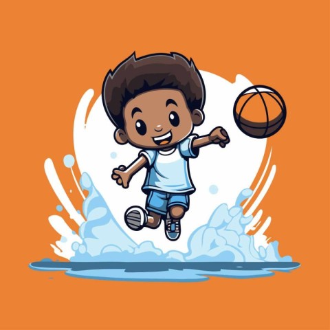 Cute little boy playing basketball on the beach. Vector illustra