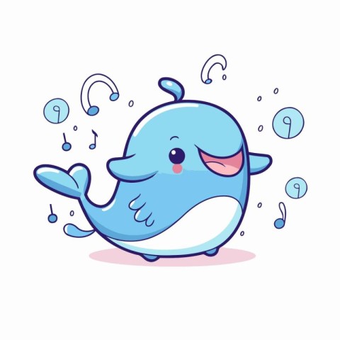 Cute cartoon whale listening to music on white background. Vecto