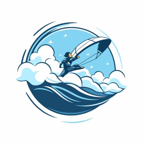 Kitesurfing logo. Vector illustration of a kite surfer on a wave