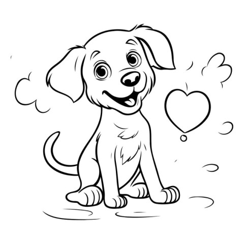 Black and White Cartoon Illustration of Cute Puppy Dog with Hear