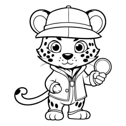 Black and White Cartoon Cheetah Mascot Character Holding Magnify