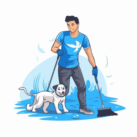 Man with a dog cleaning the beach. Vector illustration in cartoo