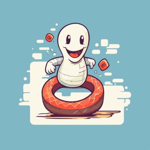 Cute white snake with red rubber ring. Vector cartoon character