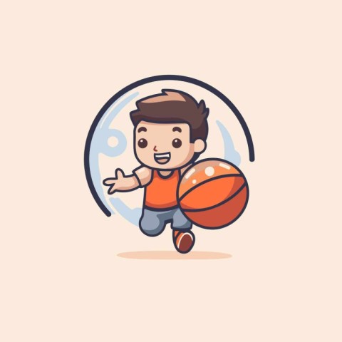 Cute boy playing basketball cartoon vector illustration. Flat de