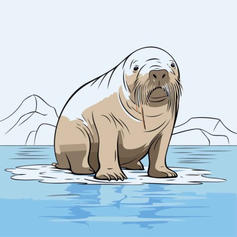 Vector illustration of a sea walrus sitting on a rock in the wat