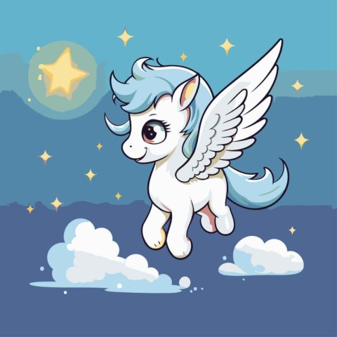 Cute cartoon unicorn flying in the night sky. Vector illustratio