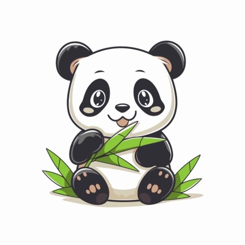 Cute cartoon panda bear sitting on bamboo leaves. Vector illustr