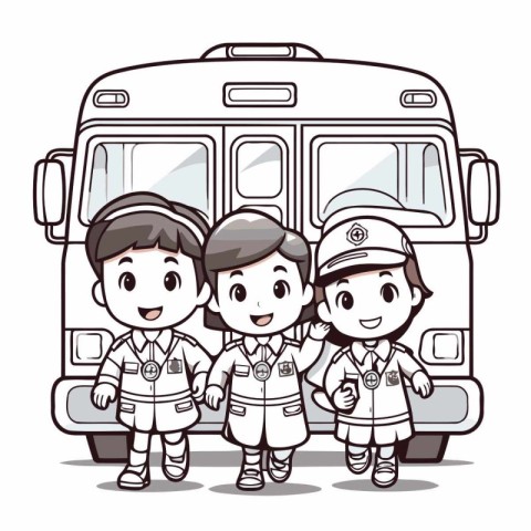 Group of children in the uniform of the fireman. Vector illustra