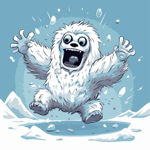 funny cartoon white gorilla running in the snow. Vector illustra