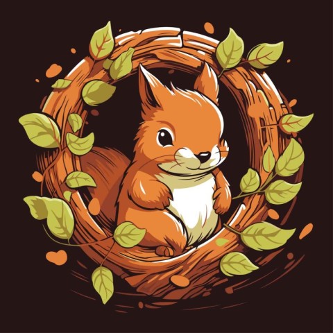 Cute squirrel in a wreath of leaves. Vector illustration.