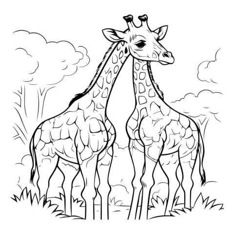 Giraffe cartoon black and white vector illustration for coloring