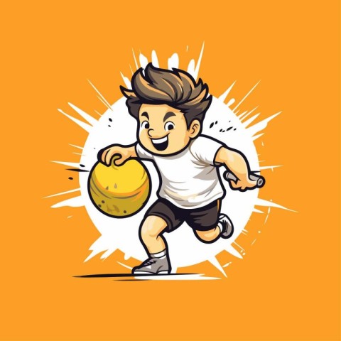 Cartoon soccer player with ball on orange background. Vector ill