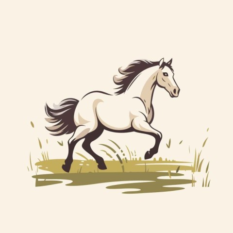 Vector image of a white horse running in the field on a light ba