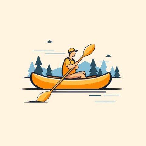 Man in a kayak on the river. Flat style vector illustration.