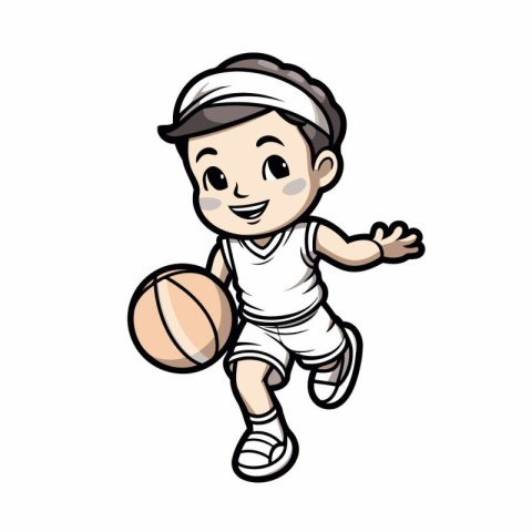 Illustration of a little boy playing basketball isolated on a wh