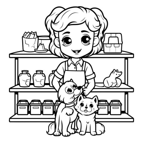 Black and White Cartoon Illustration of Cute Little Girl Dressed