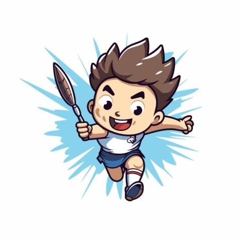 Boy playing badminton cartoon vector illustration isolated on wh