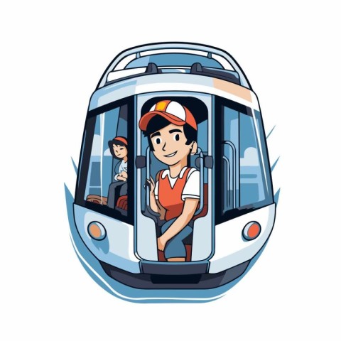 Vector illustration of a man driving a tram with a child in the