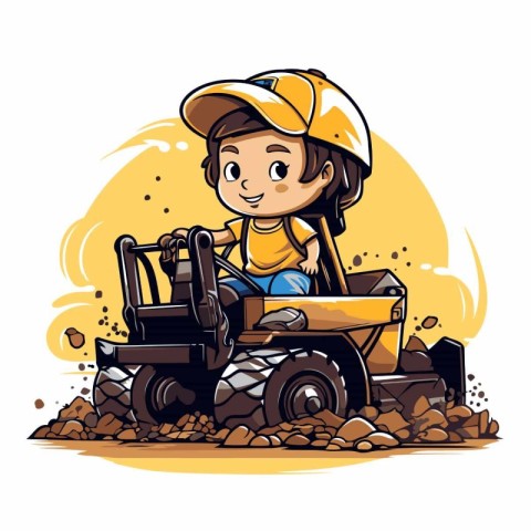 Cute cartoon boy working on a construction site. Vector illustra