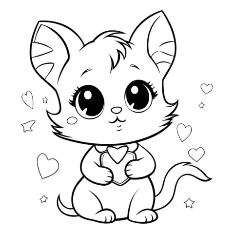 Illustration of a Cute Cartoon Cat with Hearts Coloring Book